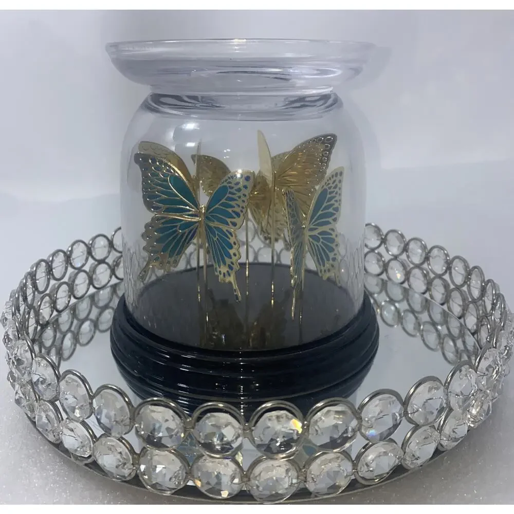 Bath & Body Works Butterfly Cloche Glass 3-Wick Candle Holder Pedestal Blue/New - Picture 2 of 6